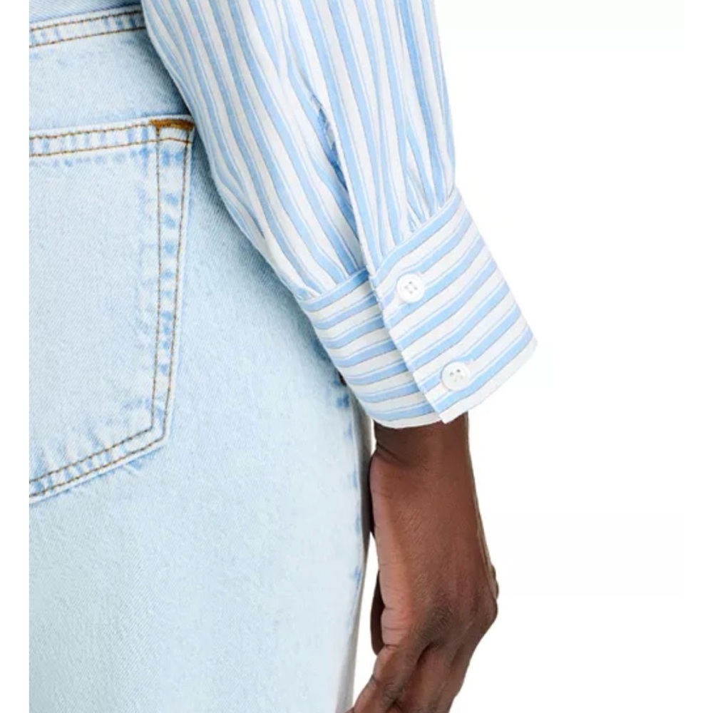 Aqua Striped Cropped Button-Down Bubble Shirt - image 8